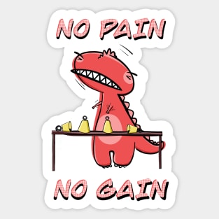 Funny Red T-Rex Practicing Handbells "No Pain, No Gain" Sticker